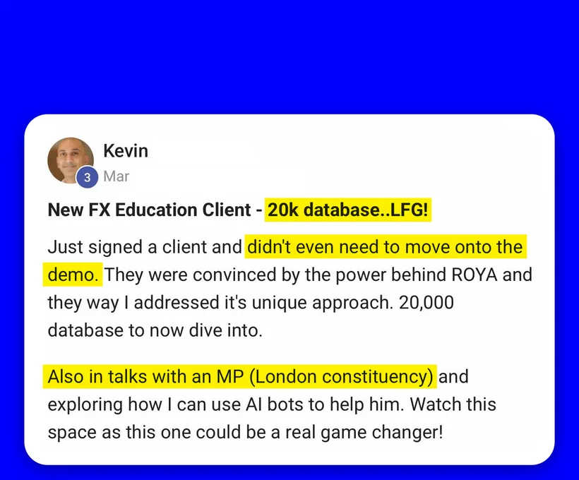 Community post from Kevin, Mar 2024. Signed an FX education client with a 20,000-lead database without needing to show the demo.
