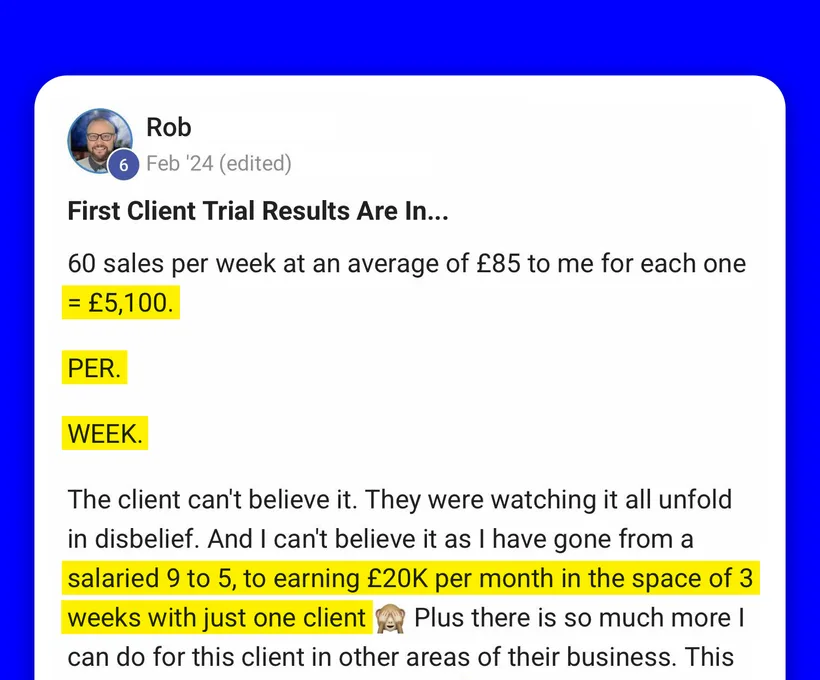 Community post from Rob, Feb 2024. A first client trial on 96 two-week-old double-glazing leads that had been called nine times without response produced 38 replies, 11 qualified, 8…