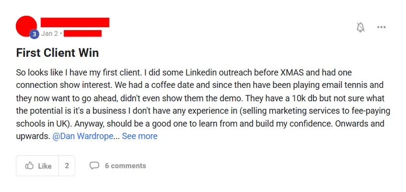 Community post from ROYA member, Jan 2025. Landed a first client selling marketing services to UK fee-paying schools, without ever showing the demo.