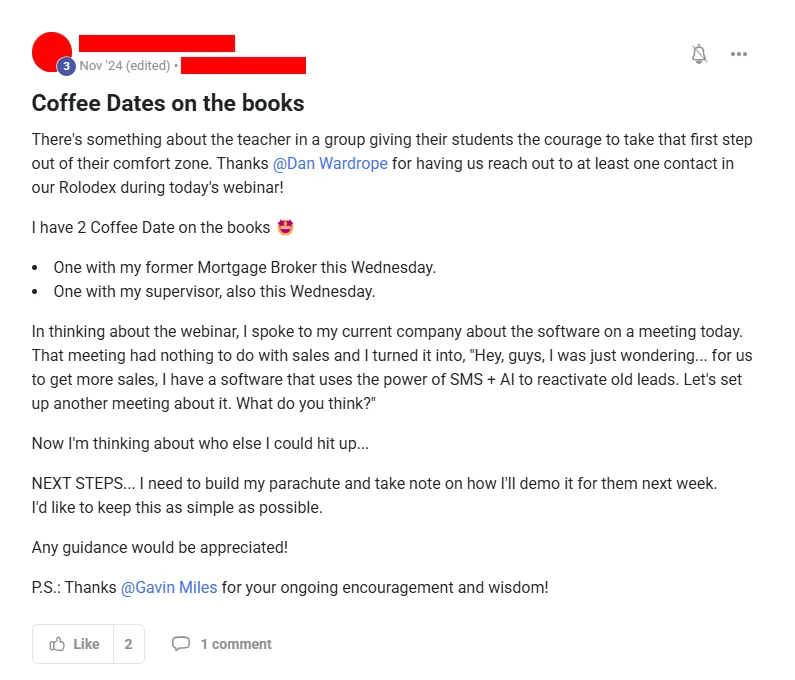 Community post from ROYA member, Nov 2024. Two coffee dates booked from existing contacts after a webinar prompt.