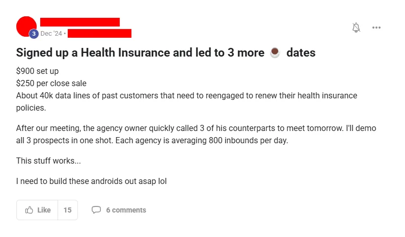 Community post from ROYA member, Dec 2024. Signed a health insurance agency at $900 setup plus $250 per closed sale, and immediately received three referrals.
