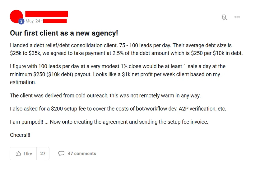 Community post from ROYA member, May 2024. Landed a debt relief client from pure cold outreach at 2.5% of debt settled, plus a $200 setup fee.