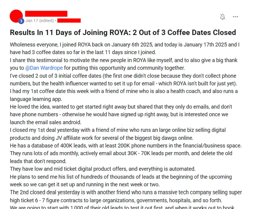 Community post from ROYA member, Jan 2025. Eleven days after joining, closed two of three coffee dates — one with a digital products business holding 400,000 leads, one with an enterprise tech…