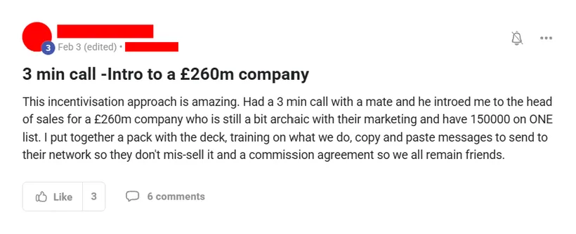 Community post from ROYA member, Feb 2025. A three-minute call with a friend produced an introduction to the head of sales at a £260m company with 150,000 contacts on one list.
