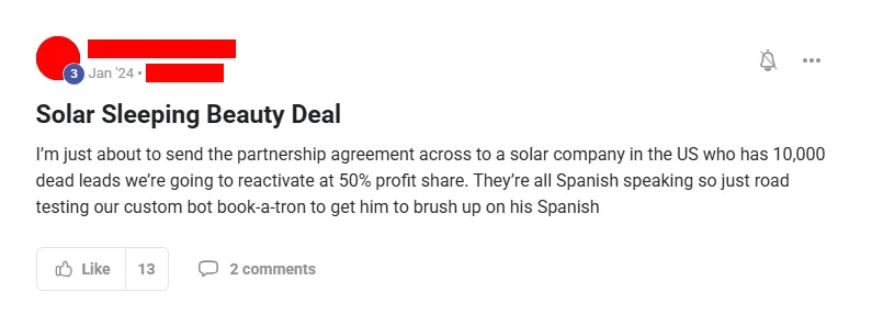 Community post from ROYA member, Jan 2024. A US solar company with 10,000 dead leads reached partnership-agreement stage on a 50% profit share.