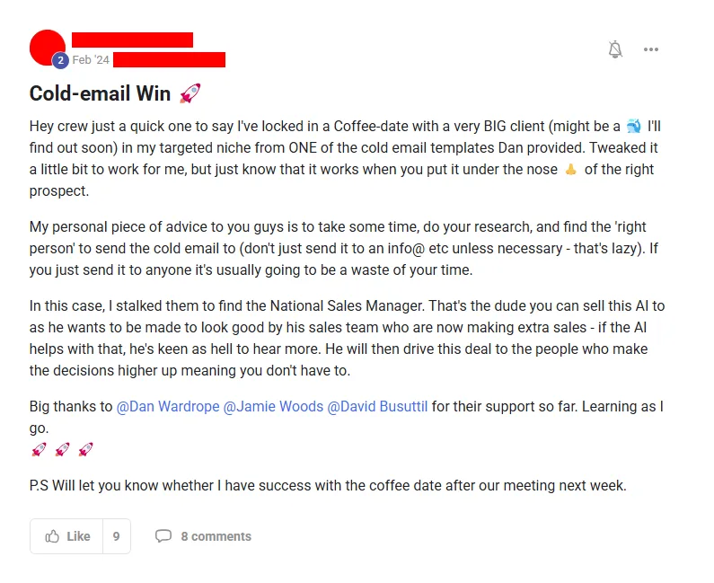 Community post from ROYA member, Feb 2024. One cold email template, aimed deliberately at the National Sales Manager rather than a generic inbox, produced a coffee date with a large prospect.
