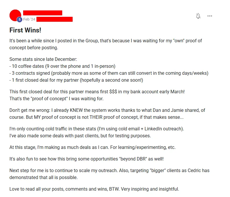 Community post from ROYA member, Feb 2024. Roughly two months of cold-only outreach produced 10 coffee dates, 3 signed contracts and a first closed deal.