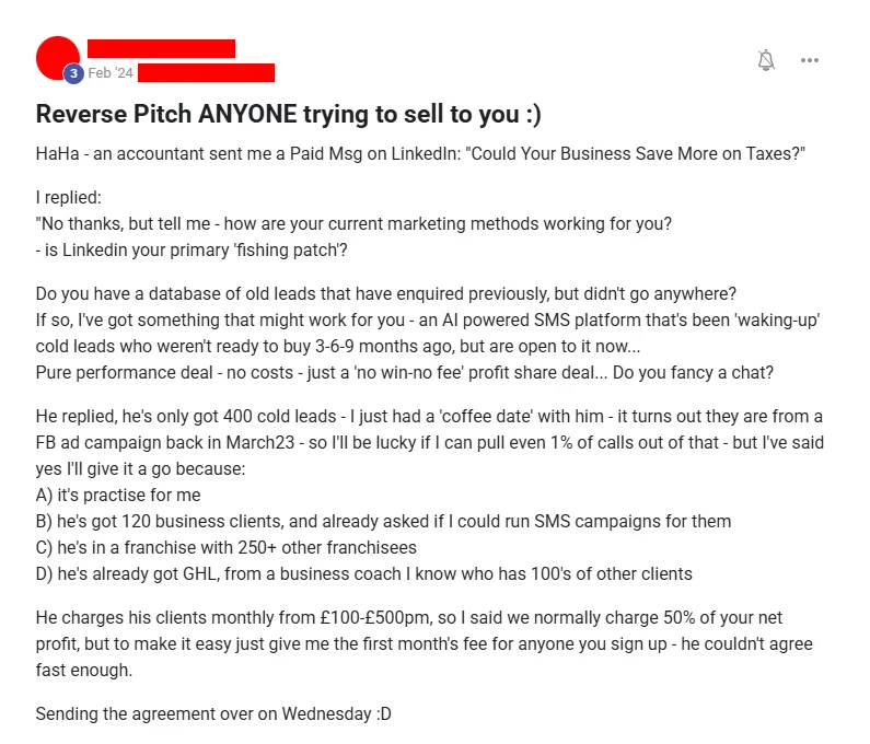 Community post from ROYA member, Feb 2024. Reverse-pitched an accountant who had cold-pitched him on LinkedIn, and agreed terms.