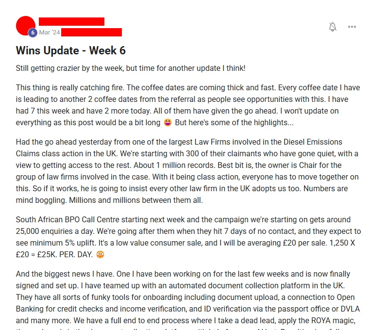 Community post from ROYA member, Mar 2024. Week six: seven coffee dates in one week all giving the go-ahead, plus a green light from a major UK class-action law firm and a signed partnership…