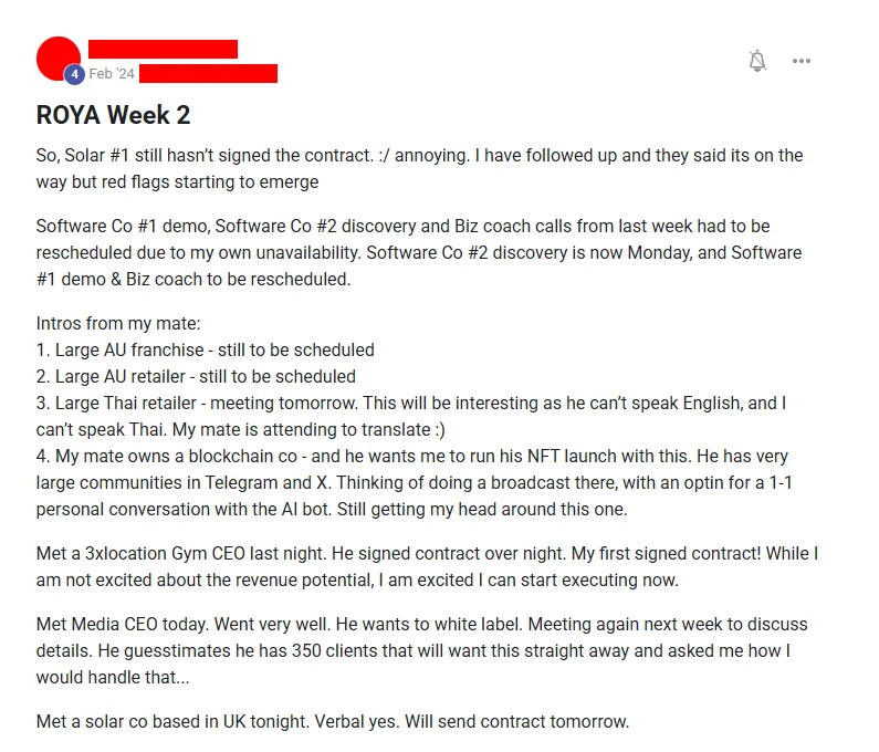 Community post from ROYA member, Feb 2024. Two weeks in: a first signed contract with a three-location gym, alongside a stalled solar deal and several rescheduled calls.