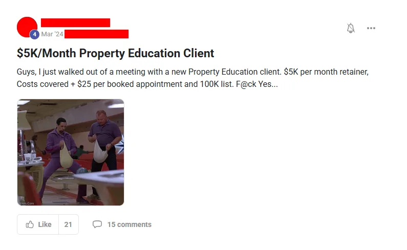 Community post from ROYA member, Mar 2024. Signed a property education client on a $5,000 monthly retainer with costs covered plus $25 per booked appointment.