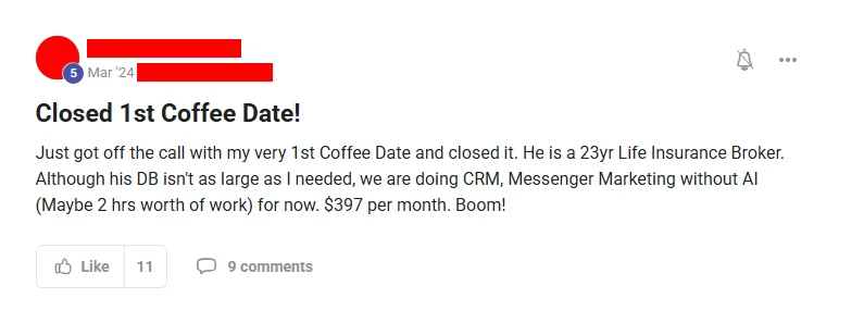 Community post from ROYA member, Mar 2024. Closed a first coffee date with a life insurance broker at $397 per month.