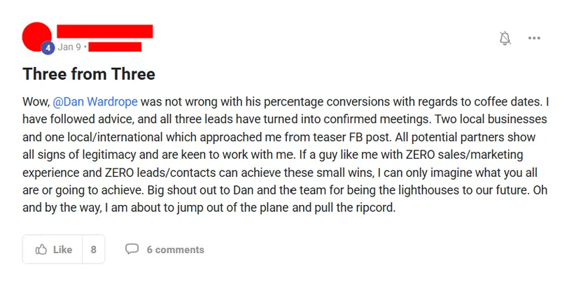 Community post from ROYA member, Jan 2025. Three leads turned into three confirmed meetings, starting from no sales experience and no contacts.