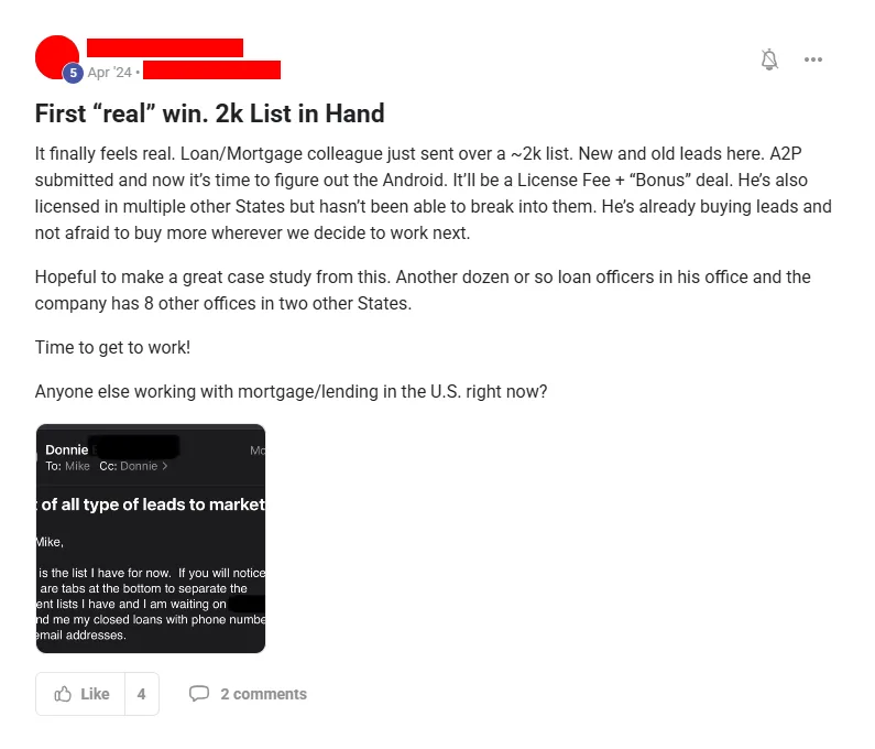 Community post from ROYA member, Apr 2024. A mortgage colleague handed over a 2,000-lead list on a licence-fee-plus-bonus arrangement.