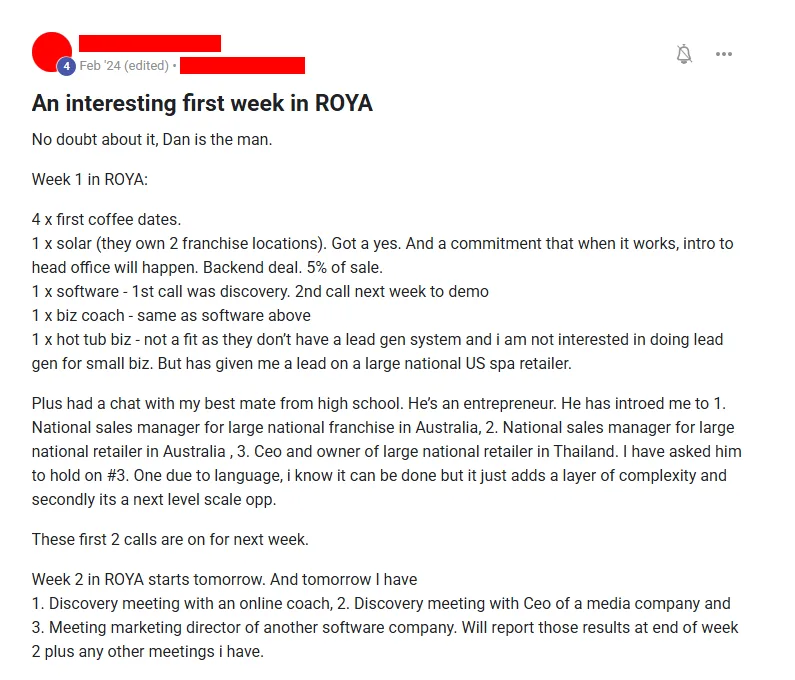 Community post from ROYA member, Feb 2024. Week one produced four coffee dates and one yes from a solar franchise operator, plus warm introductions to three national-scale contacts.