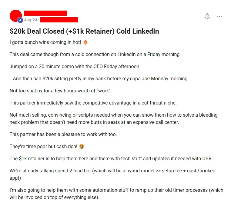 Community post from ROYA member, Aug 2024. A cold LinkedIn connection on Friday morning became a 20-minute demo that afternoon and $20,000 in the bank by Monday, plus a $1,000 monthly retainer.