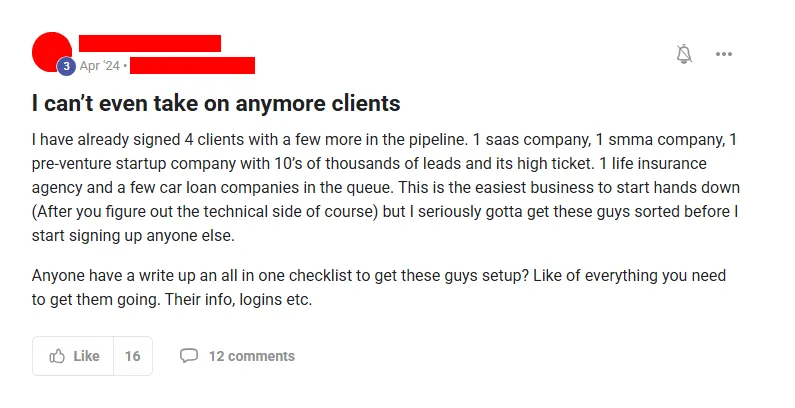 Community post from ROYA member, Apr 2024. Four clients signed with more in the pipeline, across SaaS, agency, startup, life insurance and auto finance.
