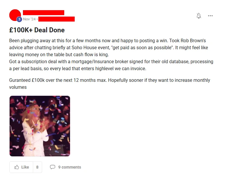 Community post from ROYA member, Nov 2024. Signed a mortgage and insurance broker on a per-lead subscription contract worth £100,000 over twelve months.