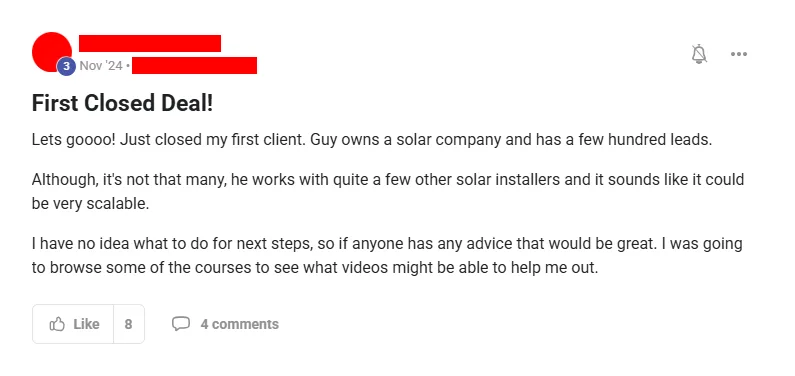 Community post from ROYA member, Nov 2024. Closed a first client — a solar company with a few hundred leads.