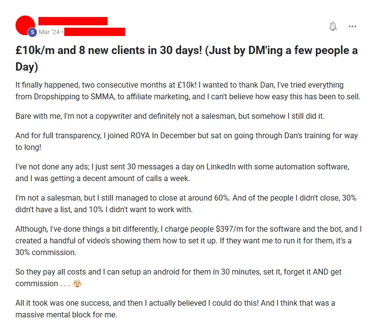 Community post from ROYA member, Mar 2024. Two consecutive months at £10,000 and eight new clients in thirty days, from thirty LinkedIn messages a day and no advertising.