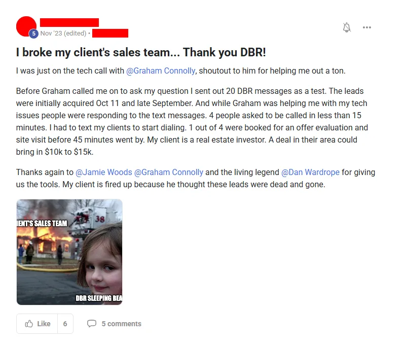 Community post from ROYA member, Nov 2023. A twenty-message test produced four callback requests within fifteen minutes and a booked site visit within forty-five.