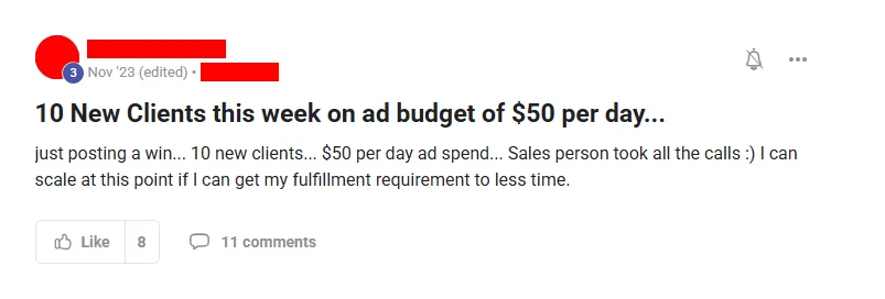 Community post from ROYA member, Nov 2023. Ten new clients in a week on a $50 per day ad budget, with a salesperson handling the calls.