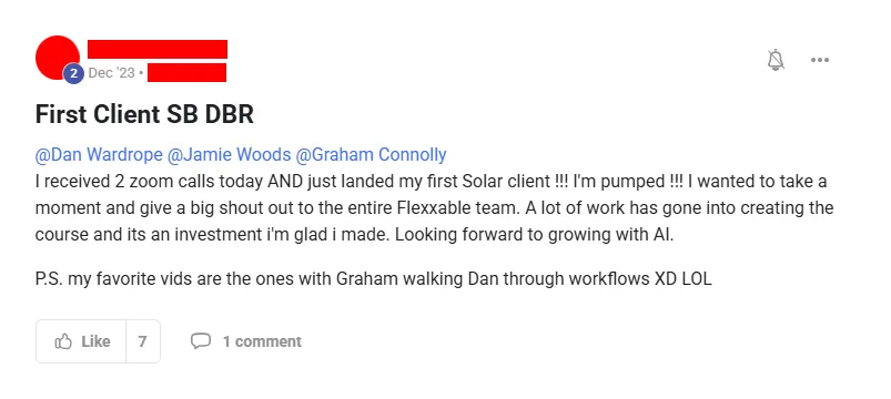 Community post from ROYA member, Dec 2023. Landed a first solar client alongside two further calls.