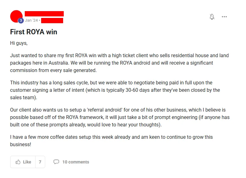 Community post from ROYA member, Jan 2024. A first win with a high-ticket Australian house and land business, with payment negotiated in full at letter-of-intent stage.